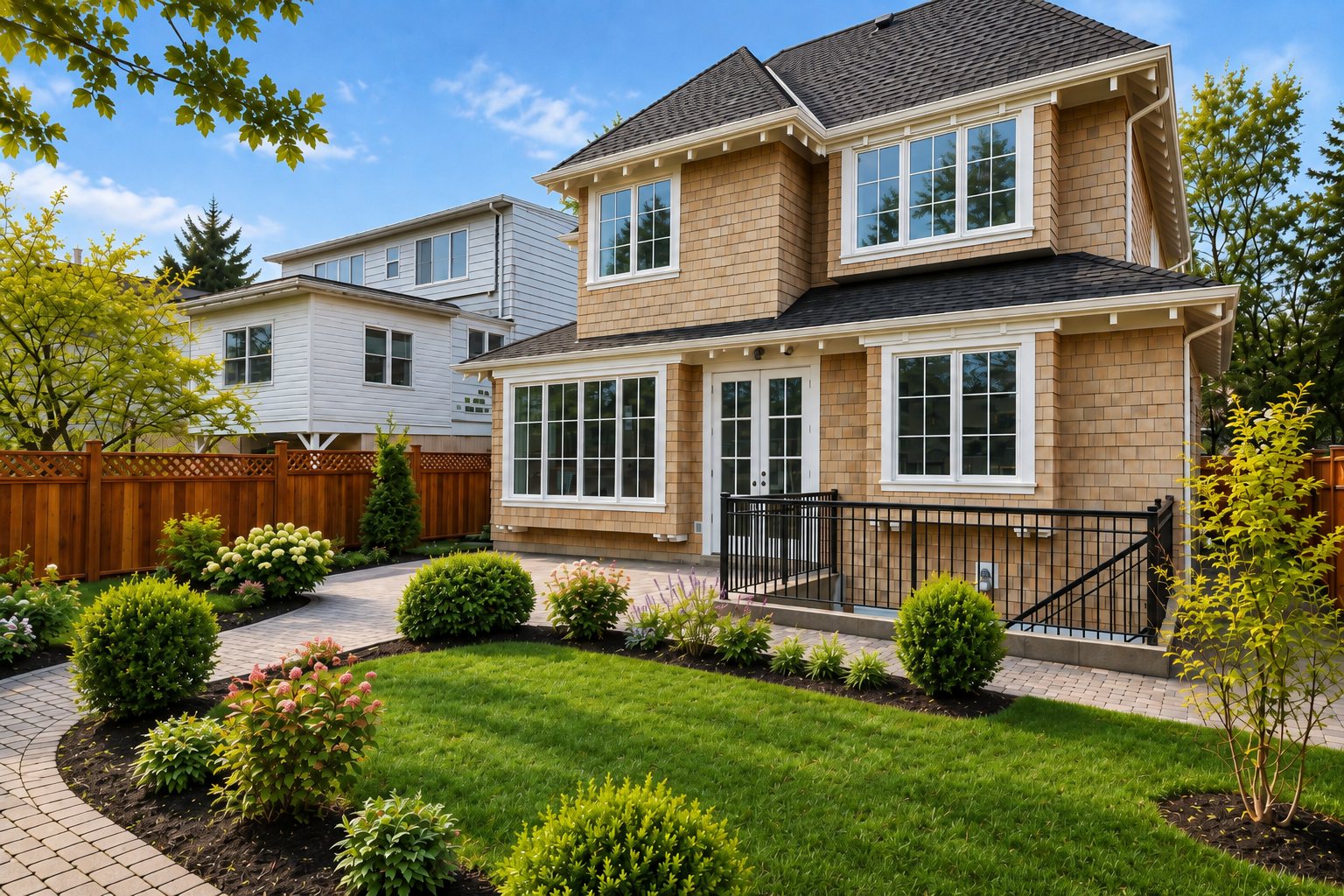 Rear elevation with paved terrace and landscaped garden