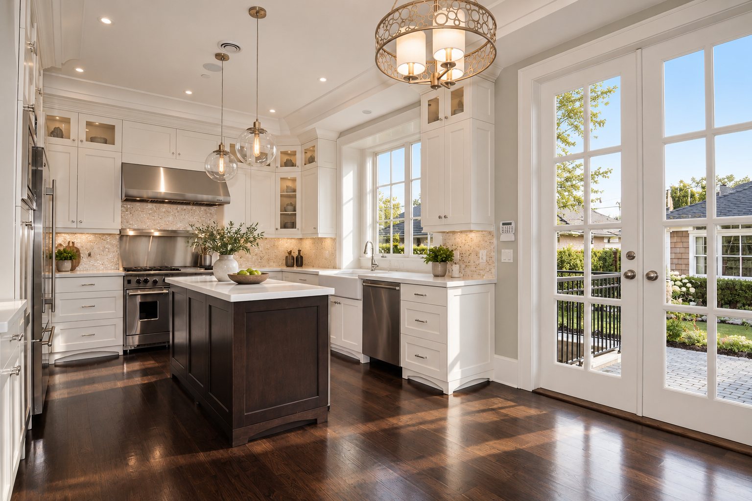 Kitchen with dark stained island, white cabinetry and French doors to the garden