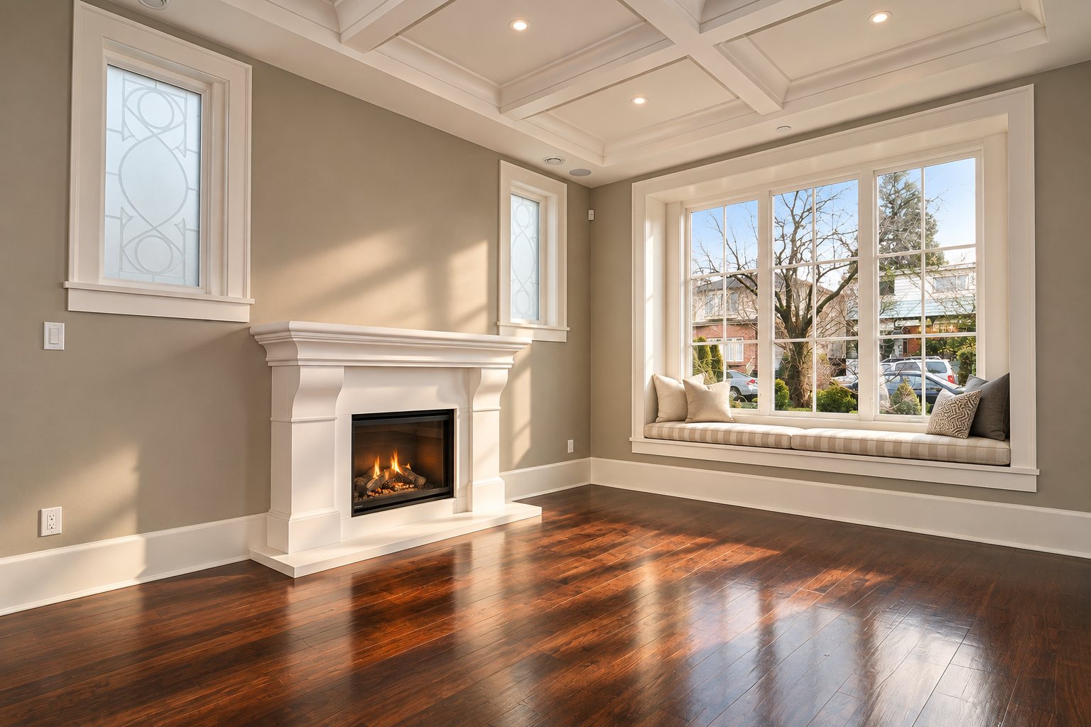 Living room with coffered ceiling, cast stone fireplace and window seat