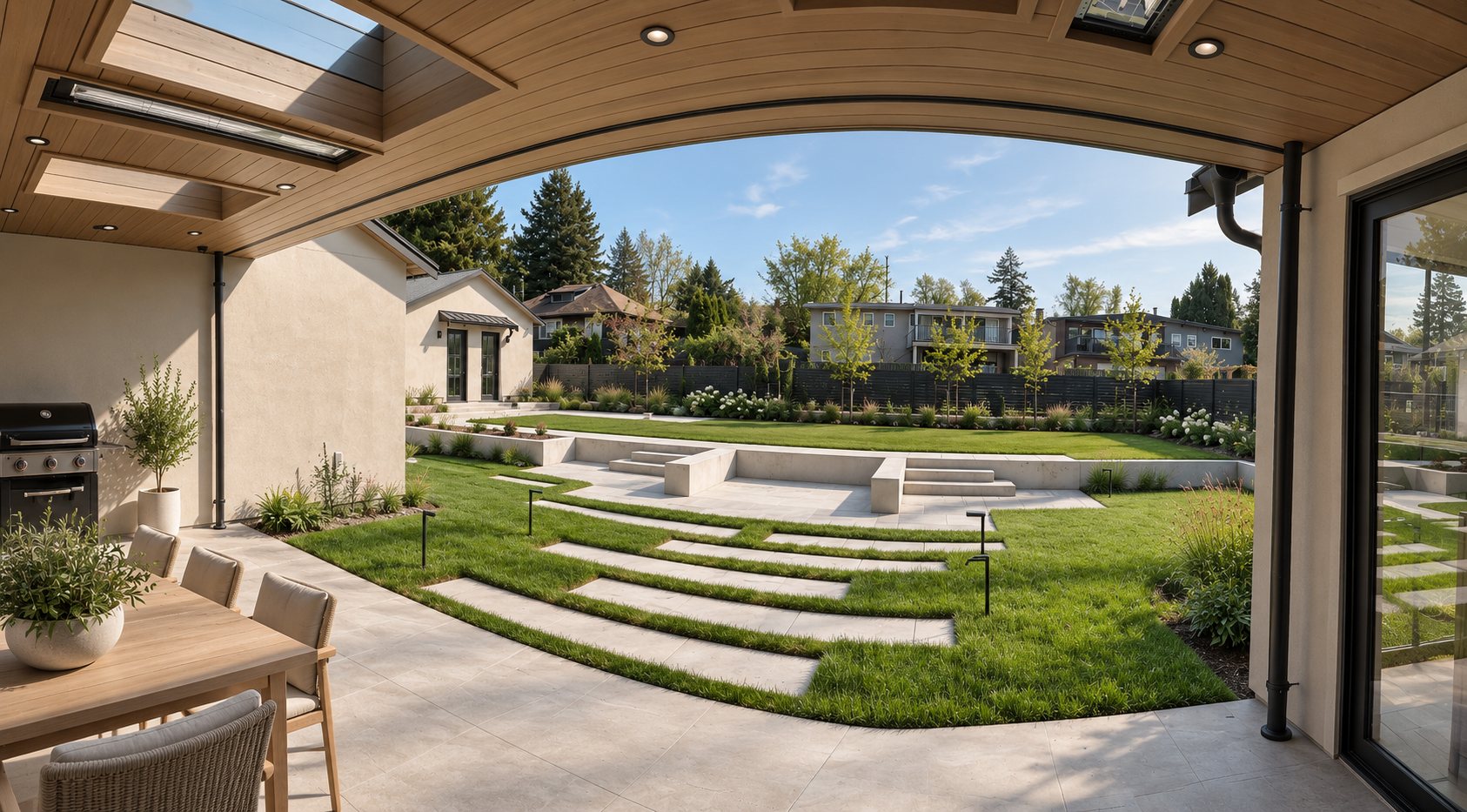 Covered outdoor room looking onto the terraced lawn