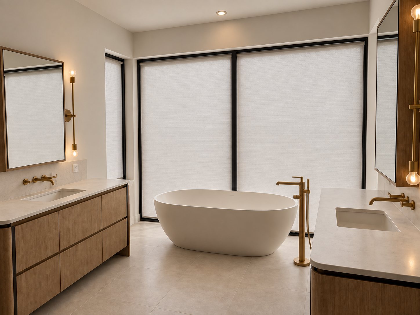 Primary ensuite with freestanding tub, twin vanities and brass fixtures