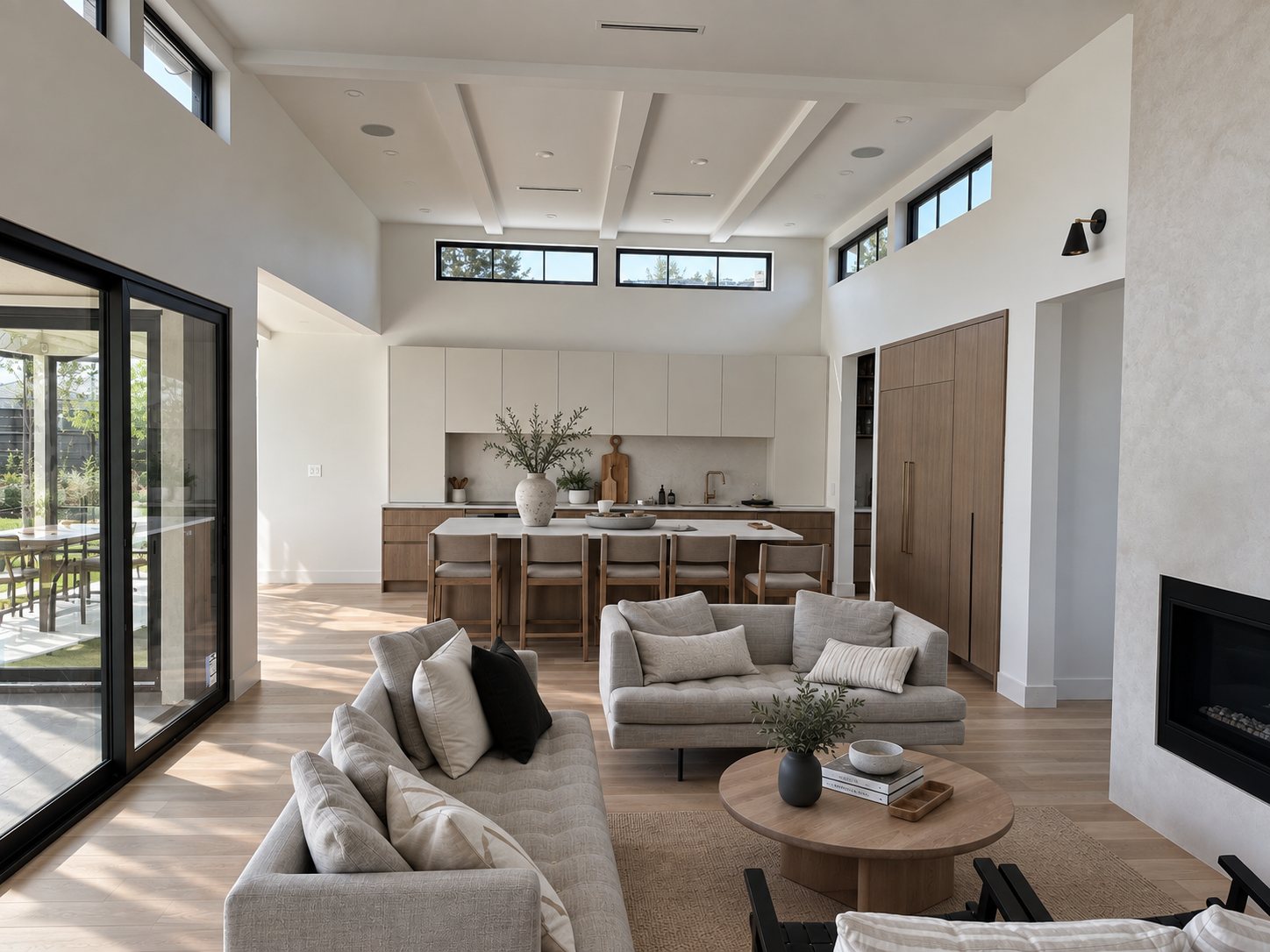 Open great room with vaulted ceiling, clerestory windows and kitchen beyond