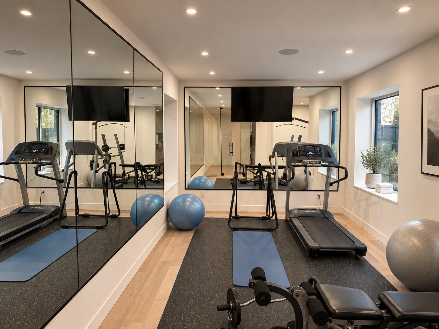 Home gym with mirrored wall and rubber flooring