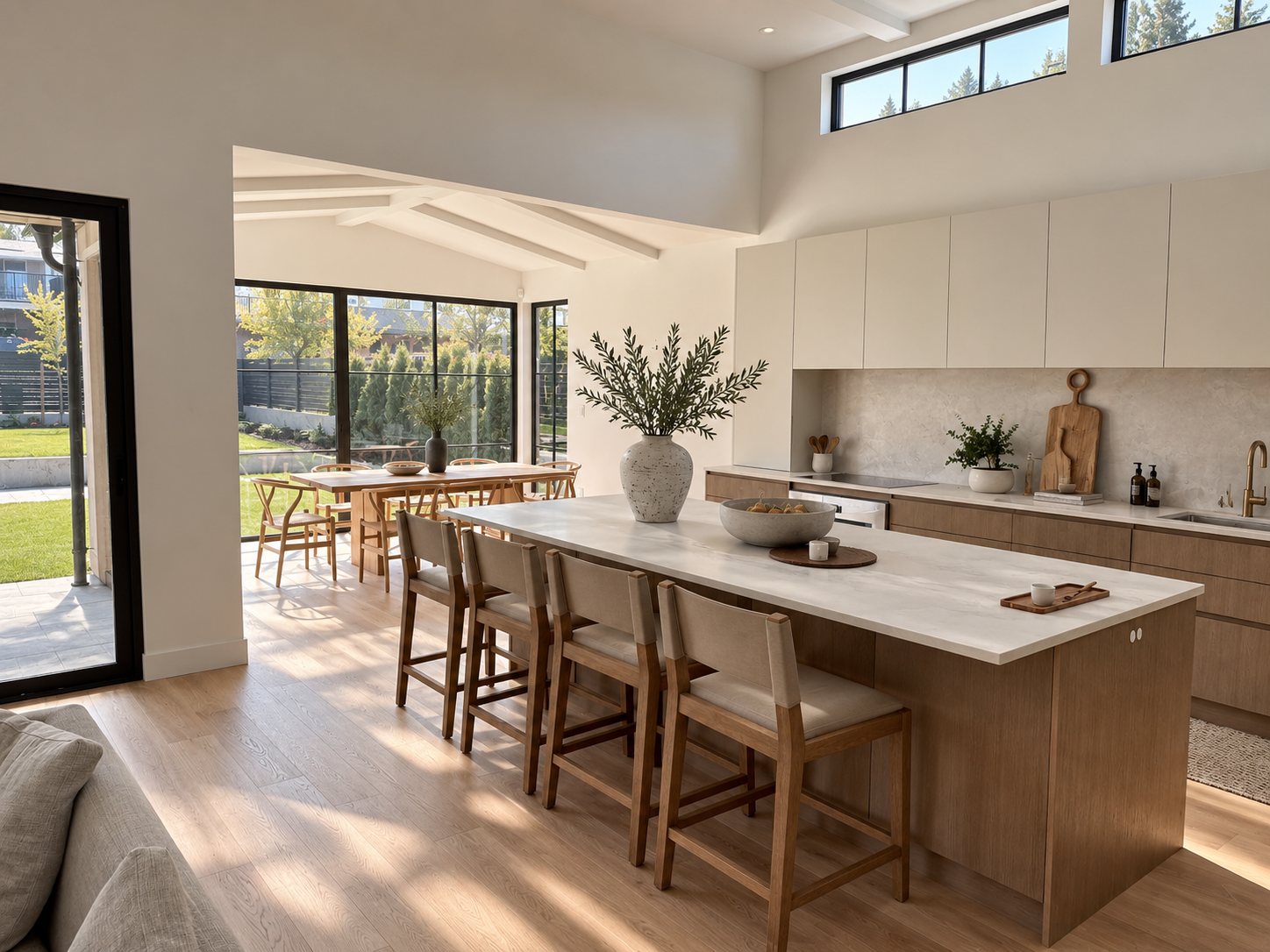 Kitchen with oak island seating and dining area beyond