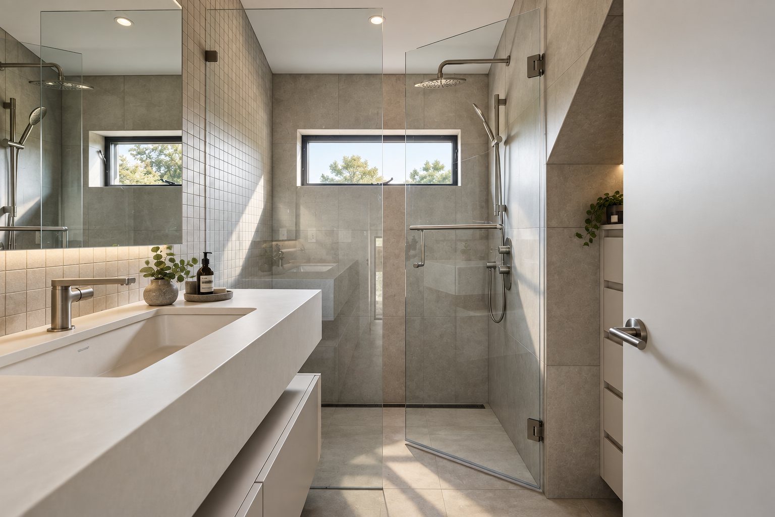 Ensuite bathroom with glass-walled walk-in shower