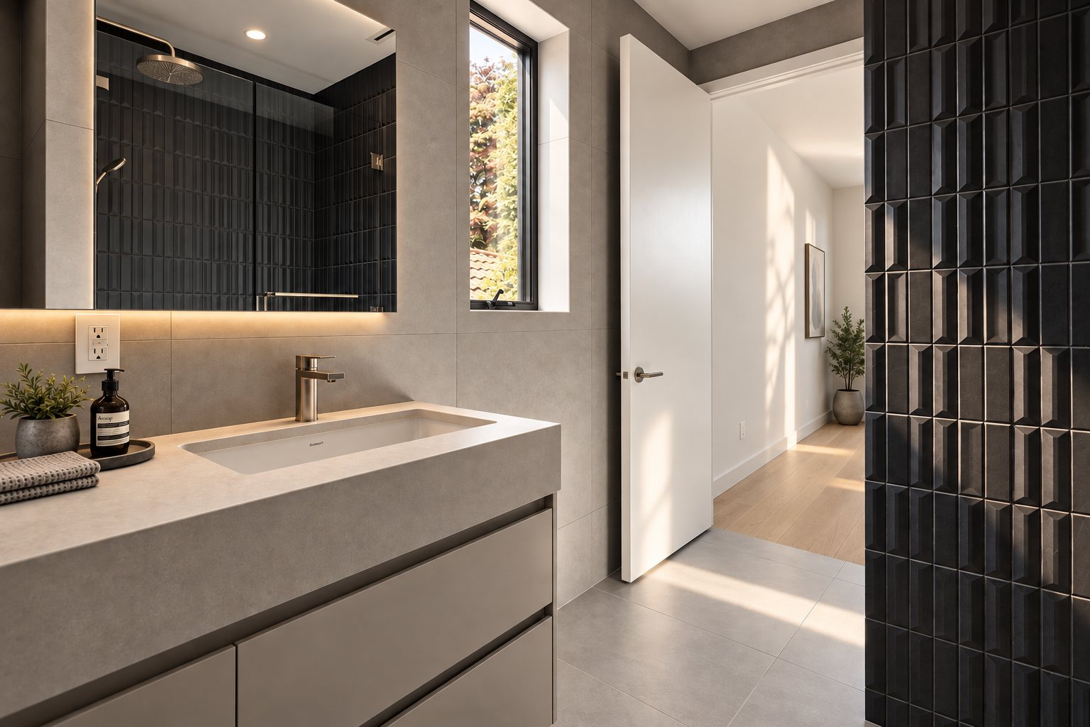 Second bathroom with dark tile shower and stone-look vanity