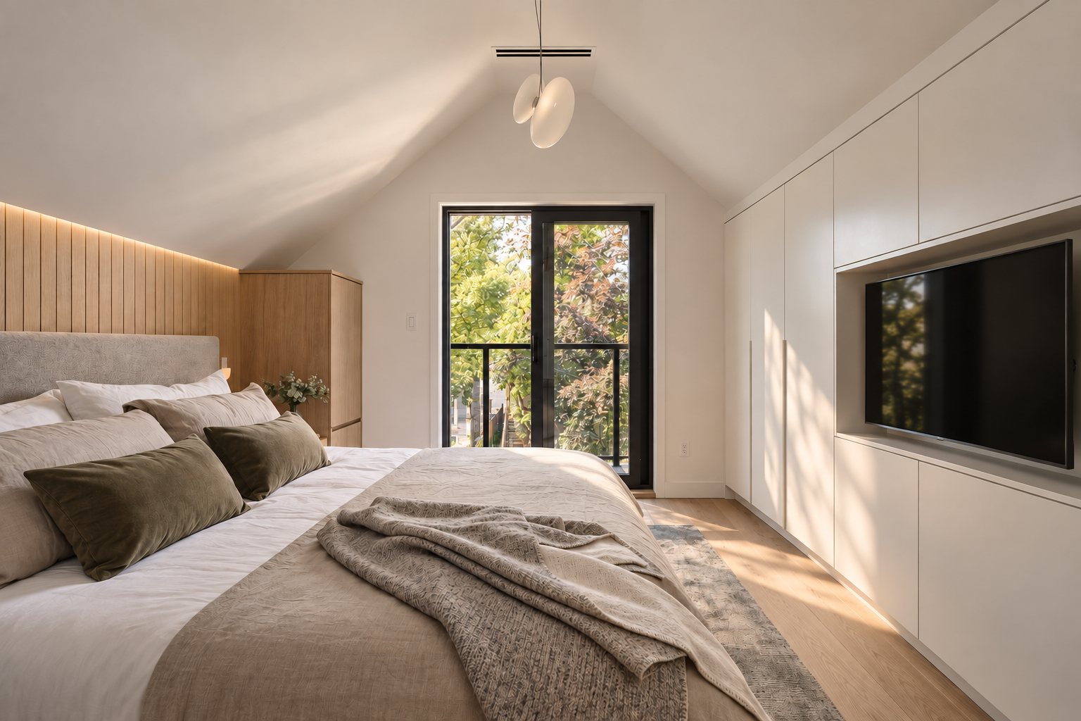 Primary bedroom with vaulted ceiling and access to a private balcony