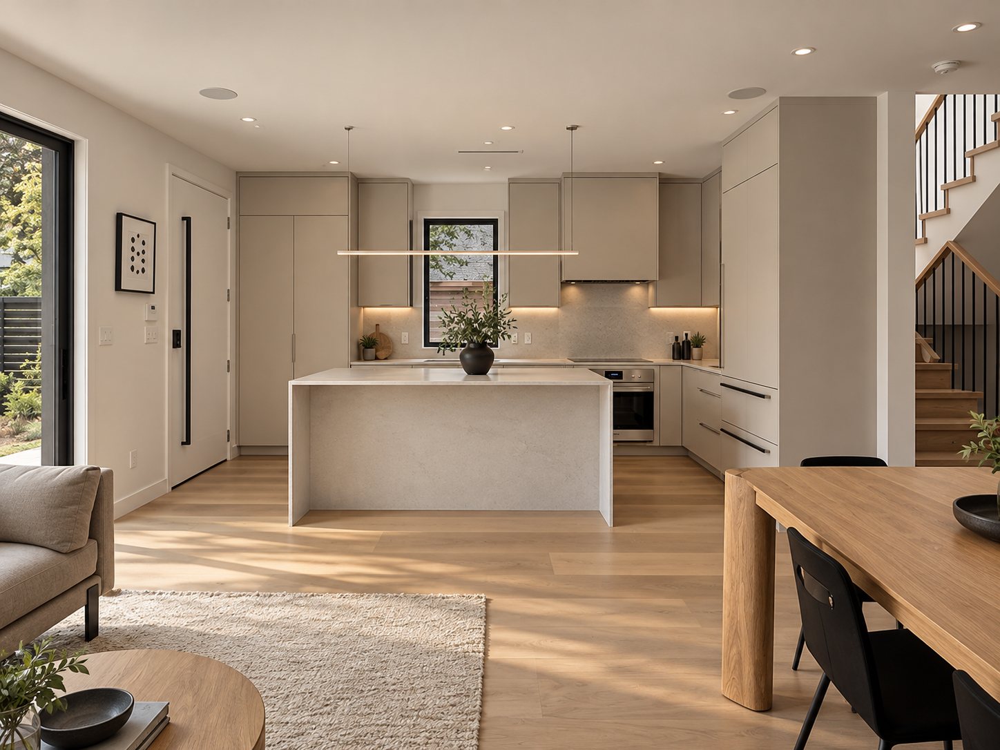 Open concept kitchen with waterfall island and stainless appliances