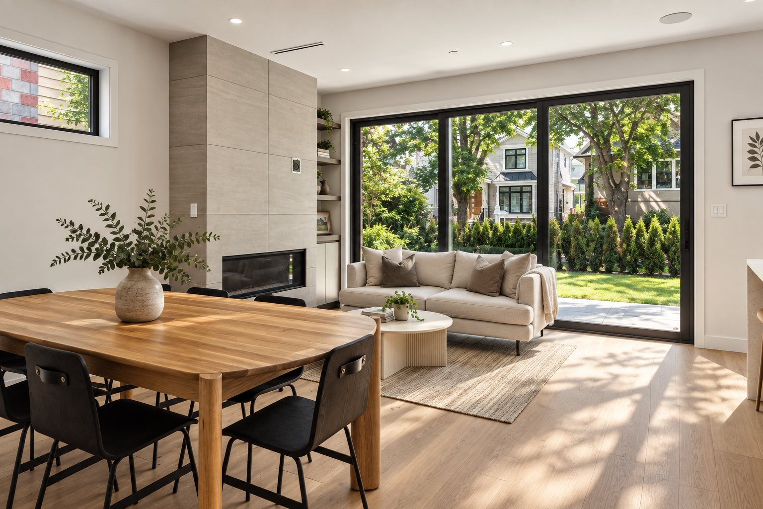 Living and dining area with fireplace and sliding doors to the yard