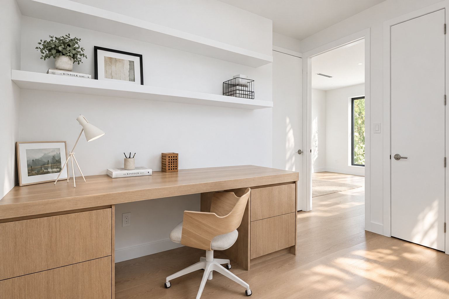 Built-in home office nook with floating shelves