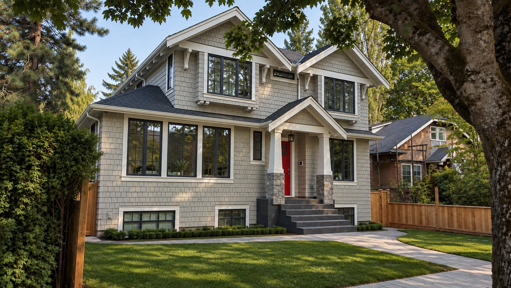 Crown Street Residence front elevation, shingled Craftsman facade