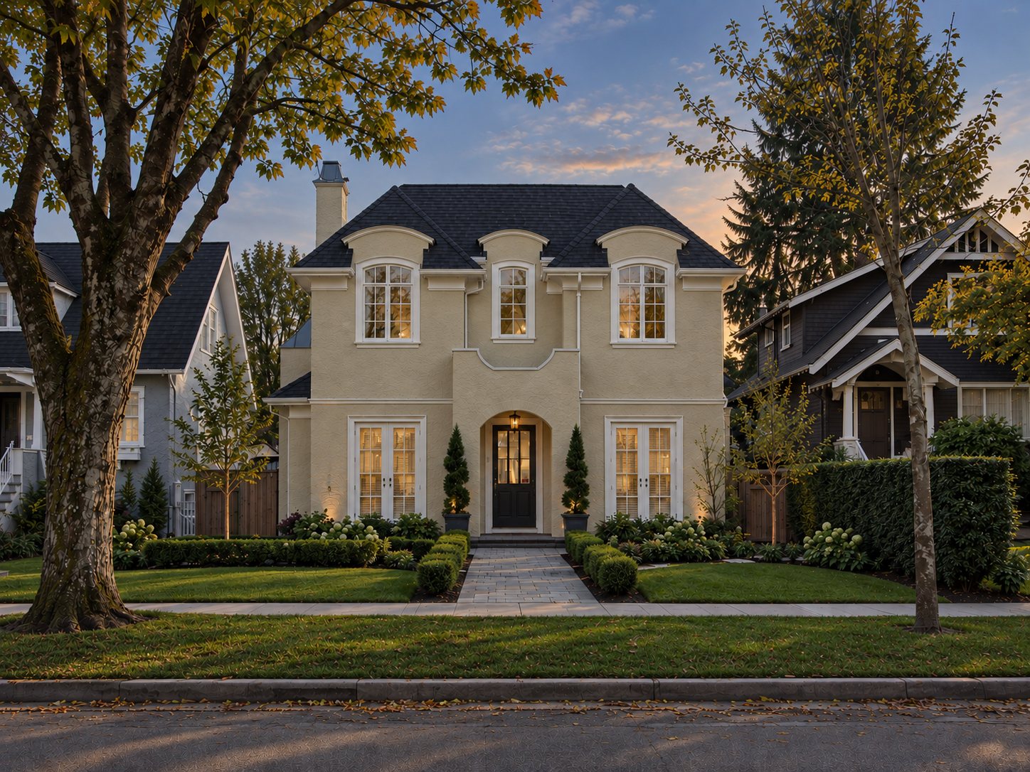 French Provincial Residence front elevation at dusk with turret-topped dormers