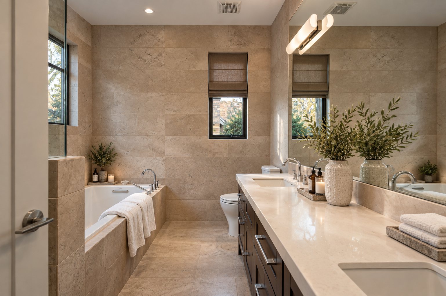 Primary ensuite with stone-clad walls, soaker tub and twin vanities