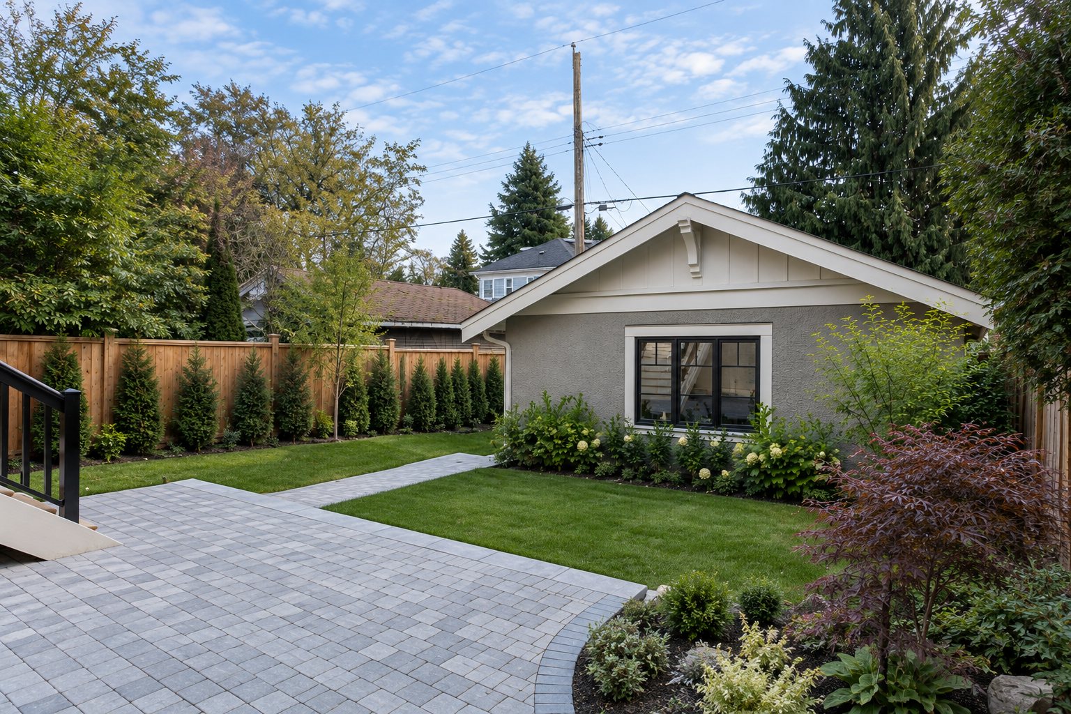 Detached garage and paver patio with cedar fencing and landscaped lawn