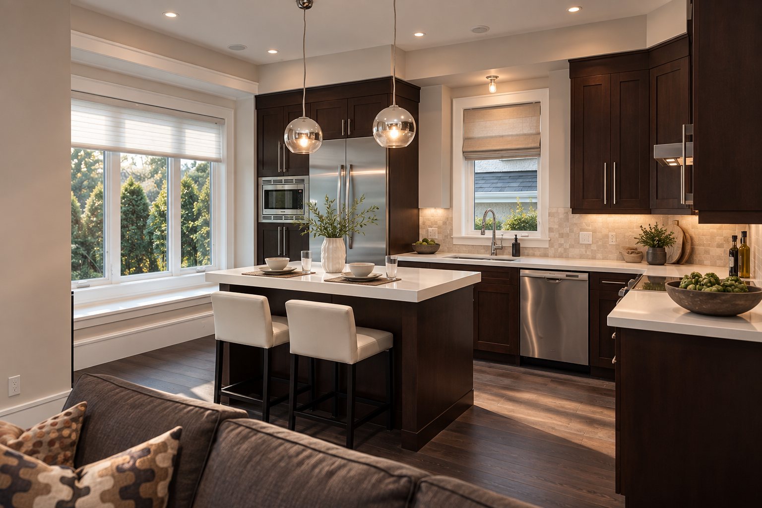 Kitchen with dark millwork, island seating and stainless appliances