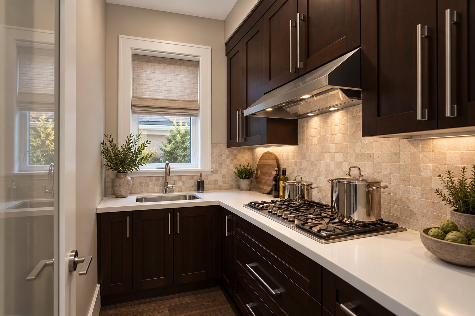 Wok kitchen with gas cooktop, second sink and mosaic backsplash