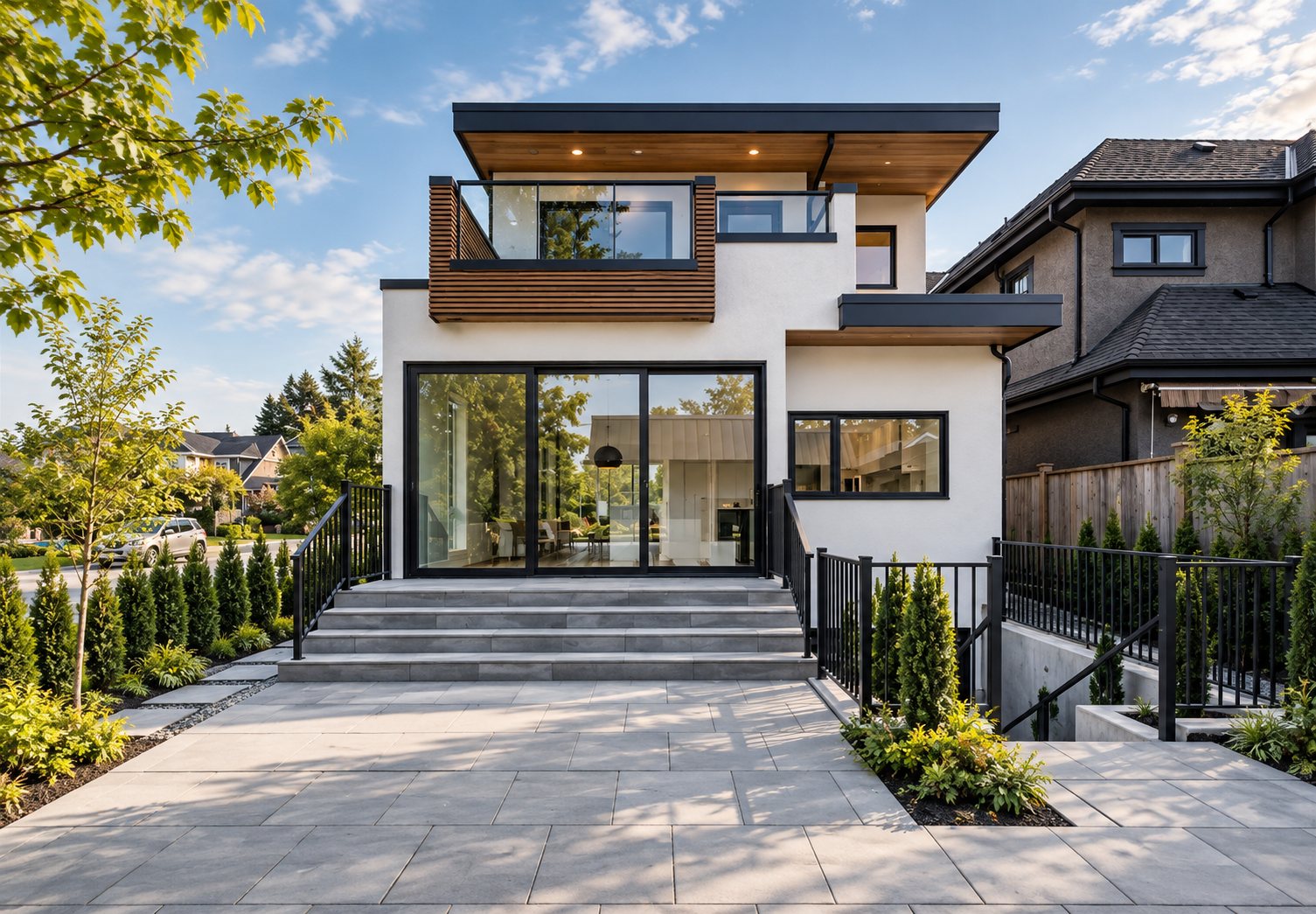 Rear elevation with cedar soffits, glass balcony and paved terrace