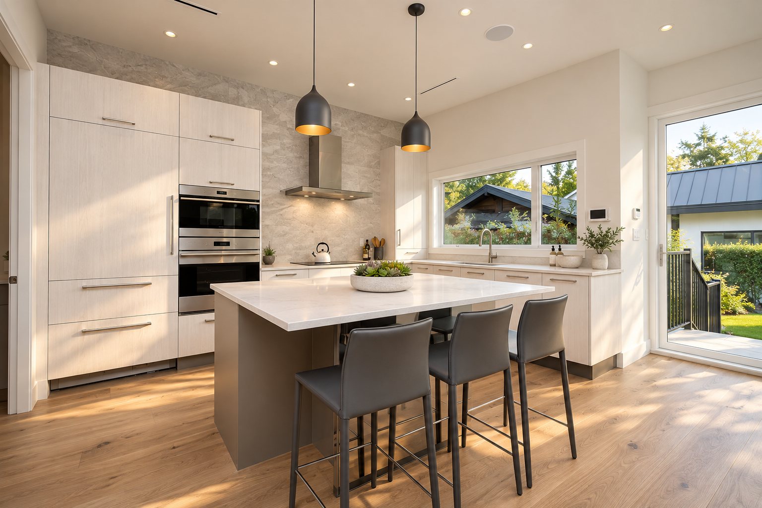 Kitchen with waterfall-edge island and integrated appliances