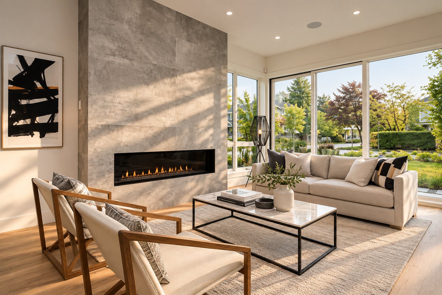 Living room with linear gas fireplace and full-height stone surround