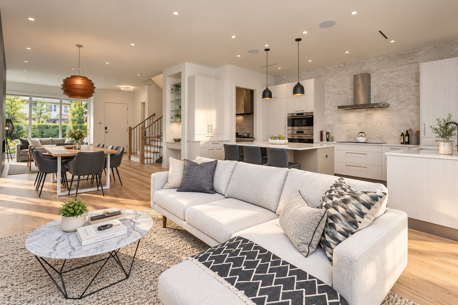 Open-concept living, dining and kitchen with stone feature wall