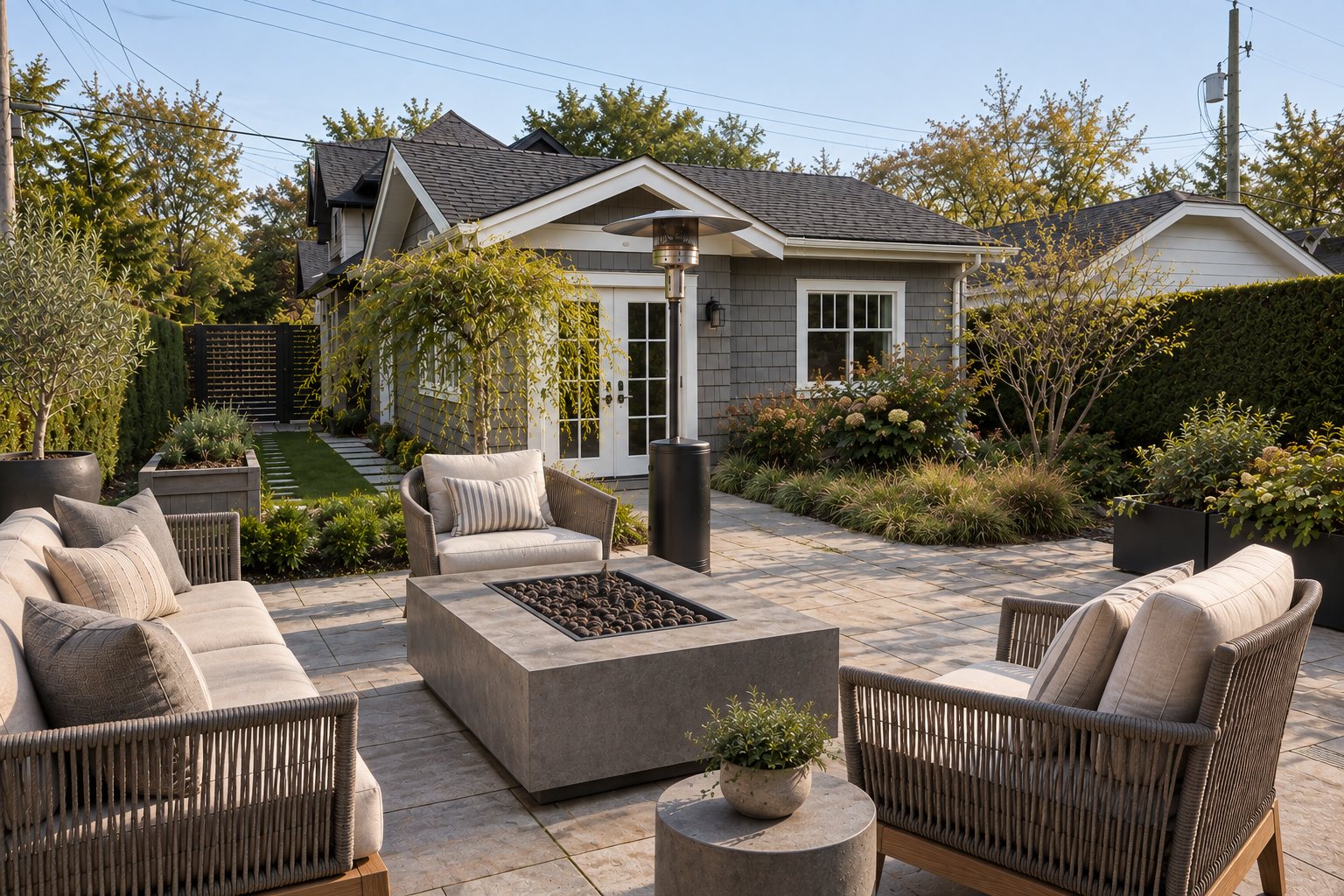 Rear patio with fire table, seating and detached garage beyond