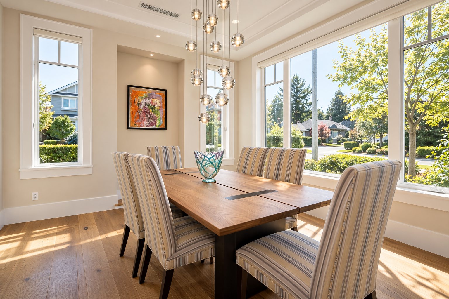 Dining room with pendant cluster and street-facing windows