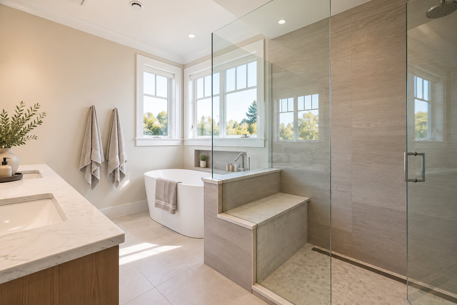 Primary ensuite with freestanding tub and glass shower