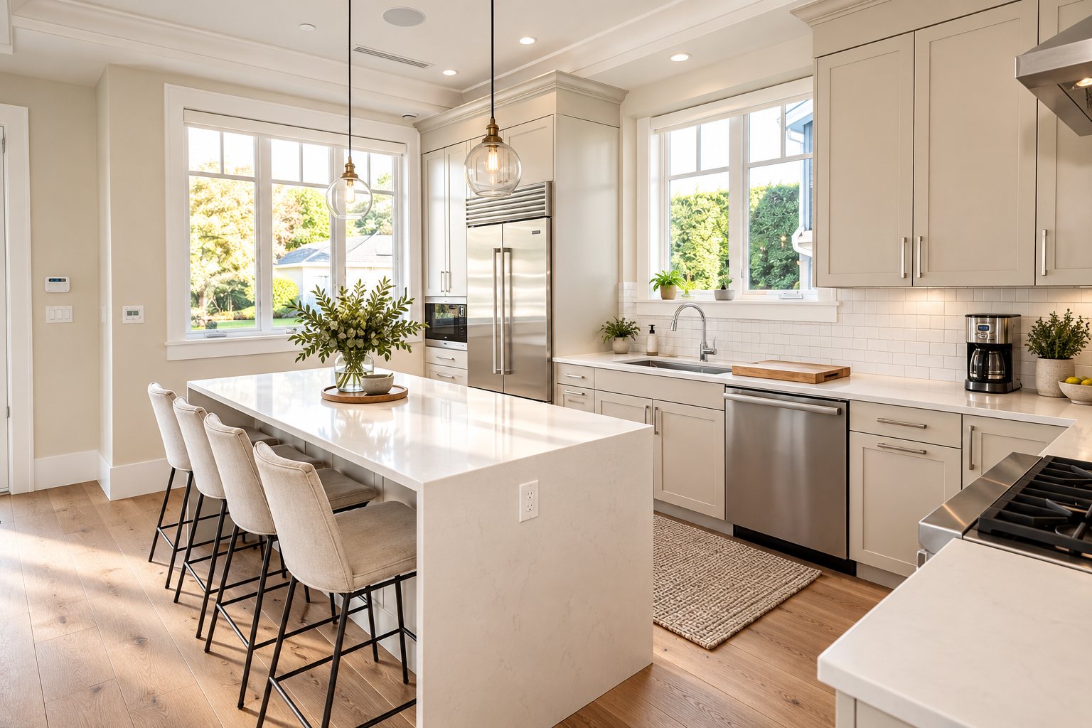 Kitchen with waterfall island and shaker cabinetry