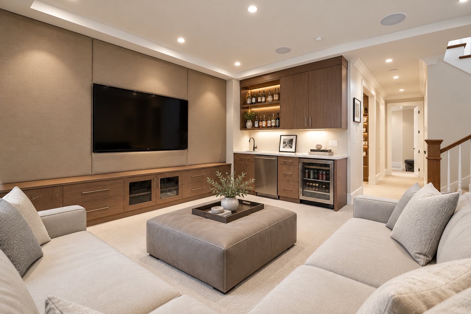 Lower level media room with wet bar and built-in cabinetry