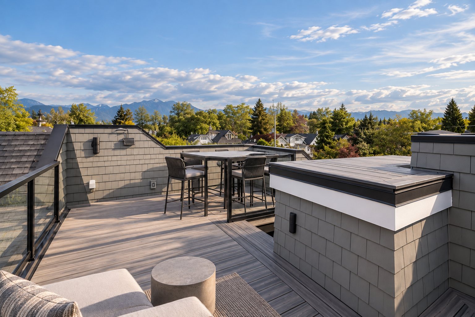 Rooftop deck with glass railing and mountain views
