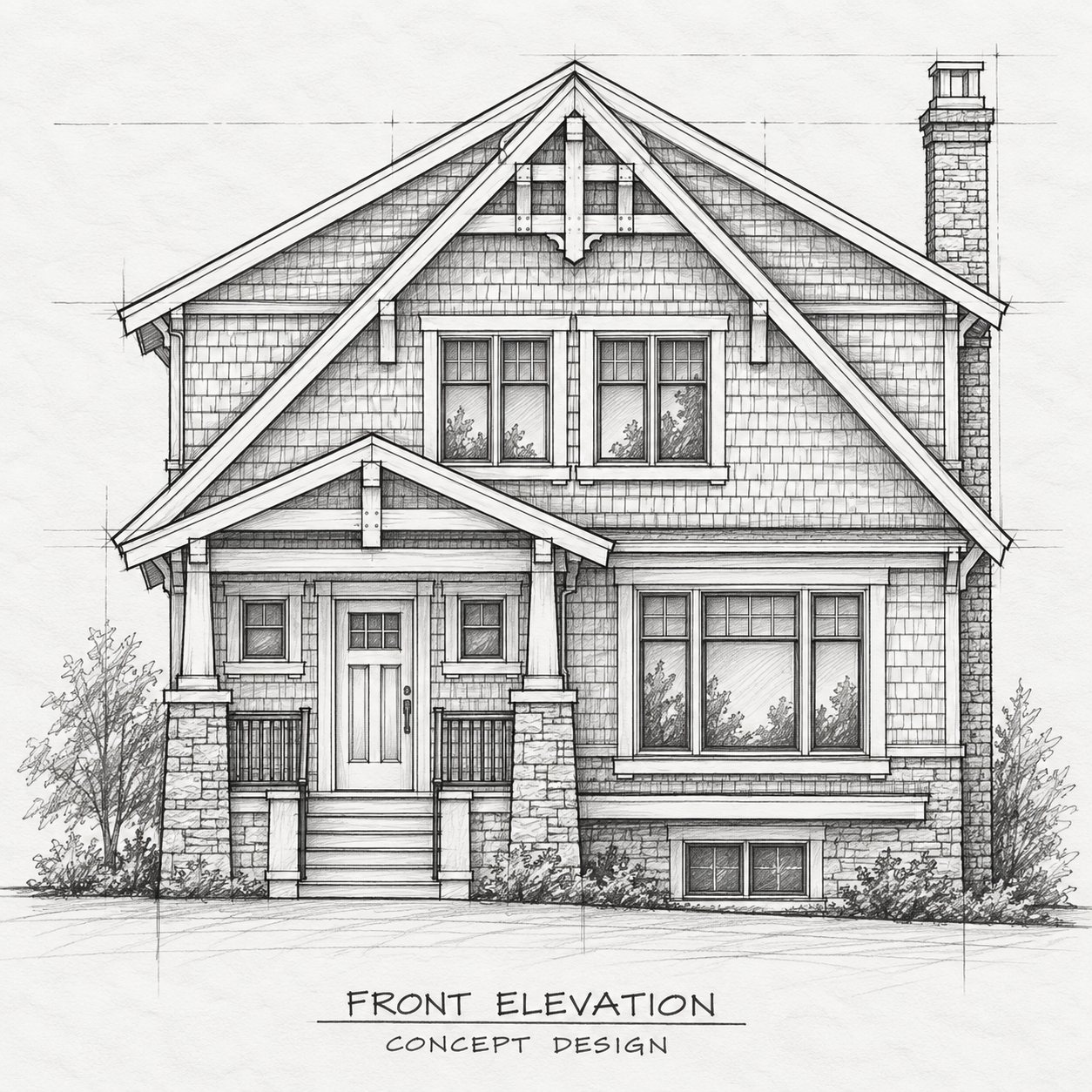Concept sketch of the Pacific Northwest Arts & Crafts front elevation