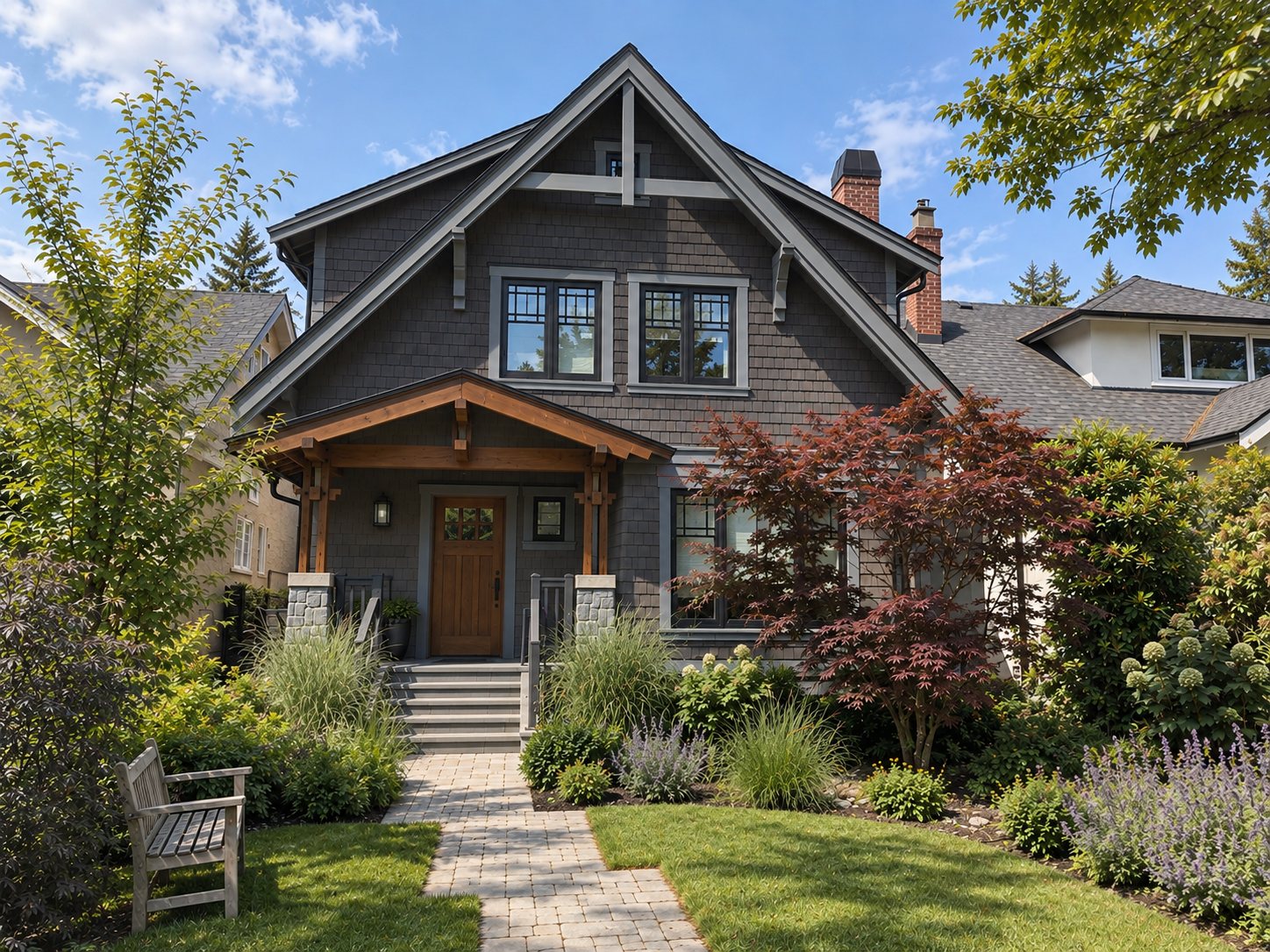 Pacific Northwest Arts and Crafts residence front elevation with exposed timber framing