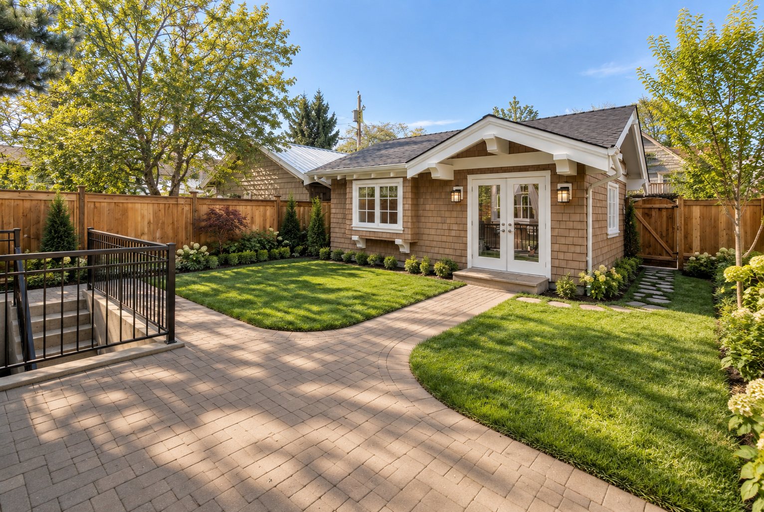 Landscaped backyard with a detached garage in matching cedar shingle Craftsman style