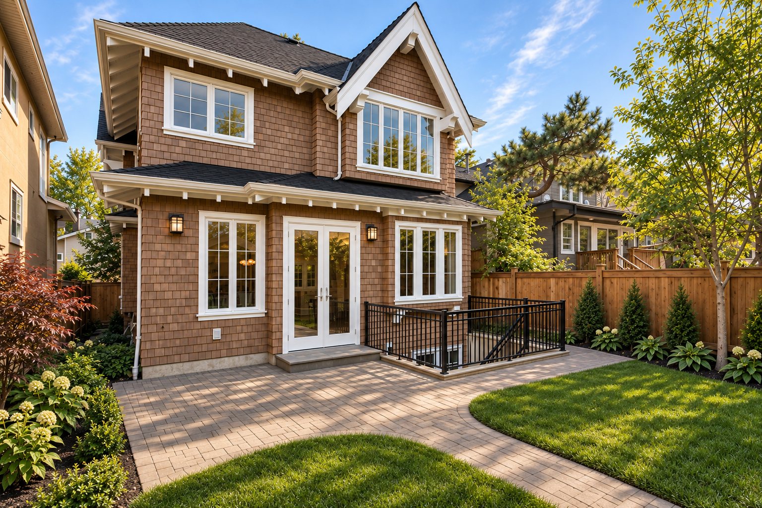 Rear exterior with paved patio, French doors and glass-railed stairwell