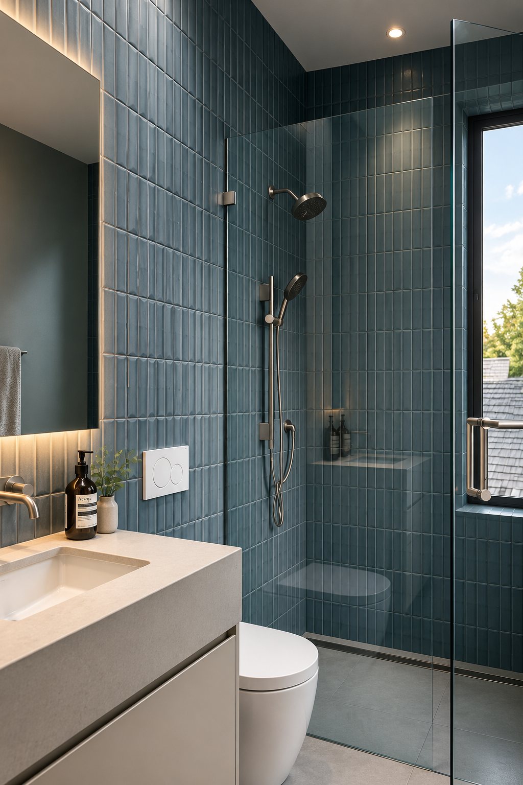 Bathroom with vertical teal tile and glass shower