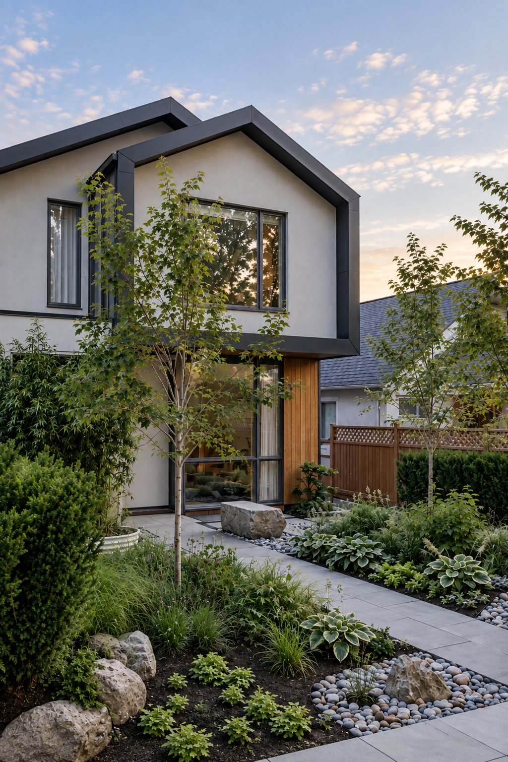 Point Grey modern residence front exterior at dusk