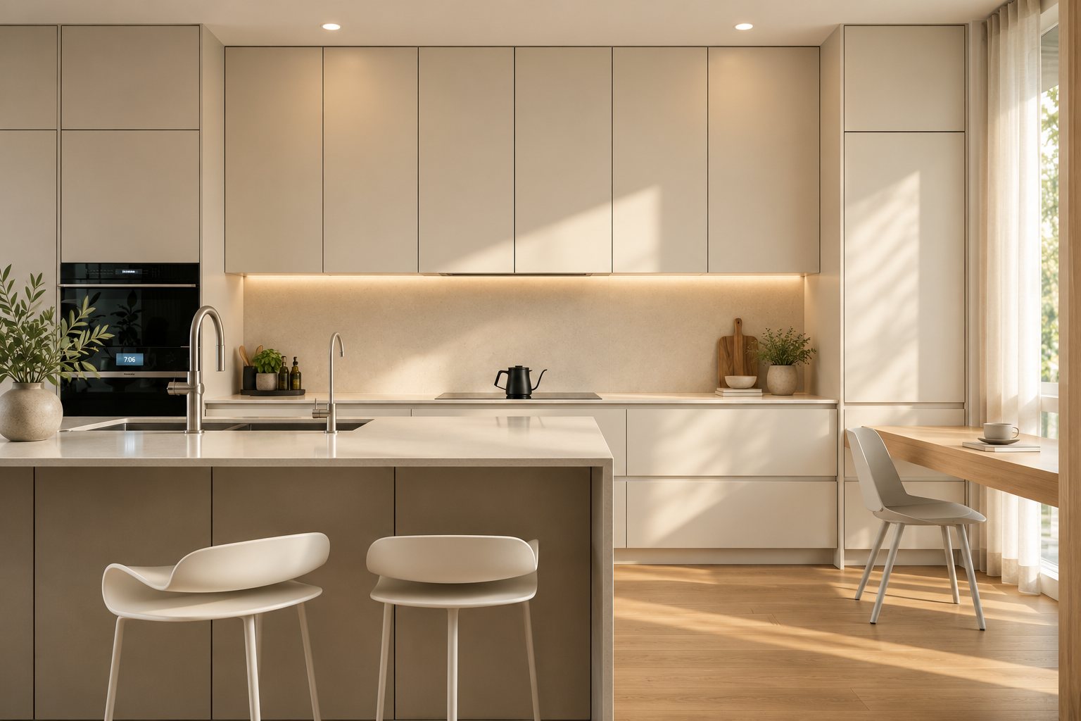 Kitchen with handleless cabinetry and integrated appliances