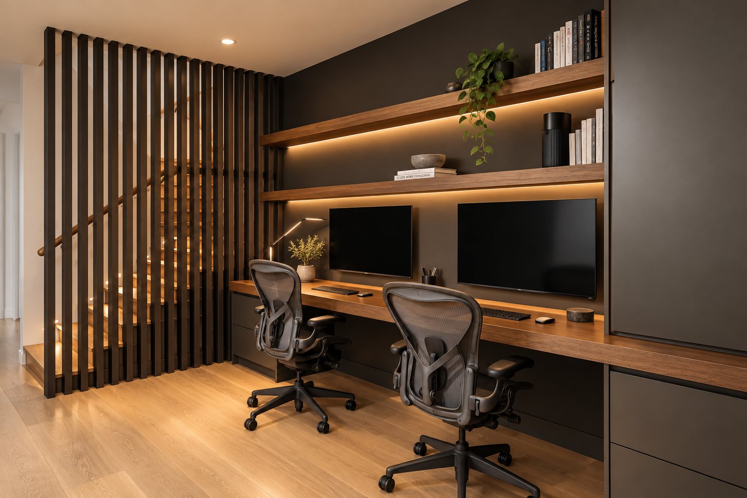 Home office with built-in desk and slatted stair screen