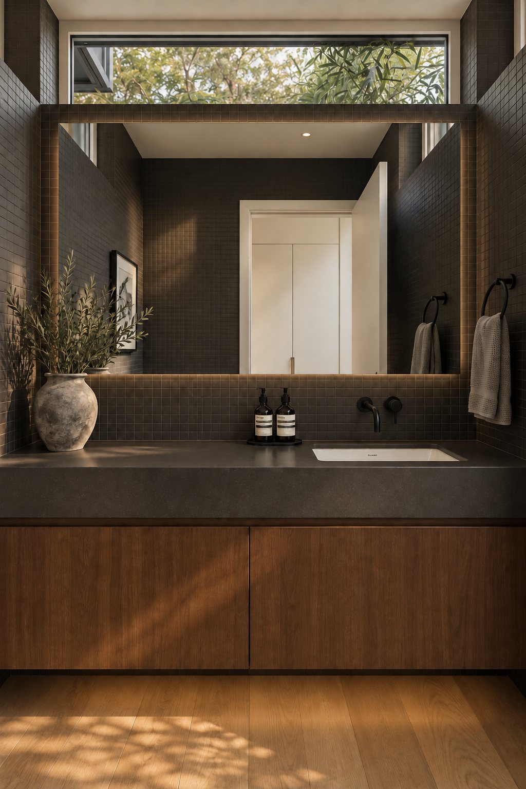 Powder room with dark mosaic tile and floating wood vanity