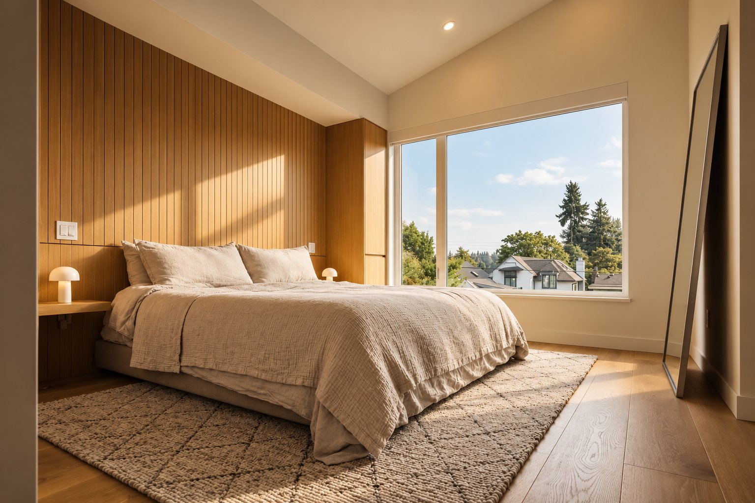 Primary bedroom with vertical wood headwall and picture window