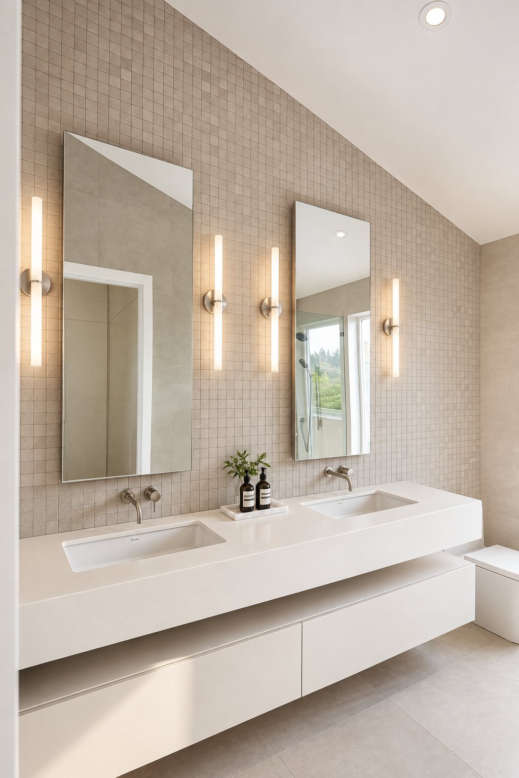 Primary ensuite with double vanity and mosaic tile wall