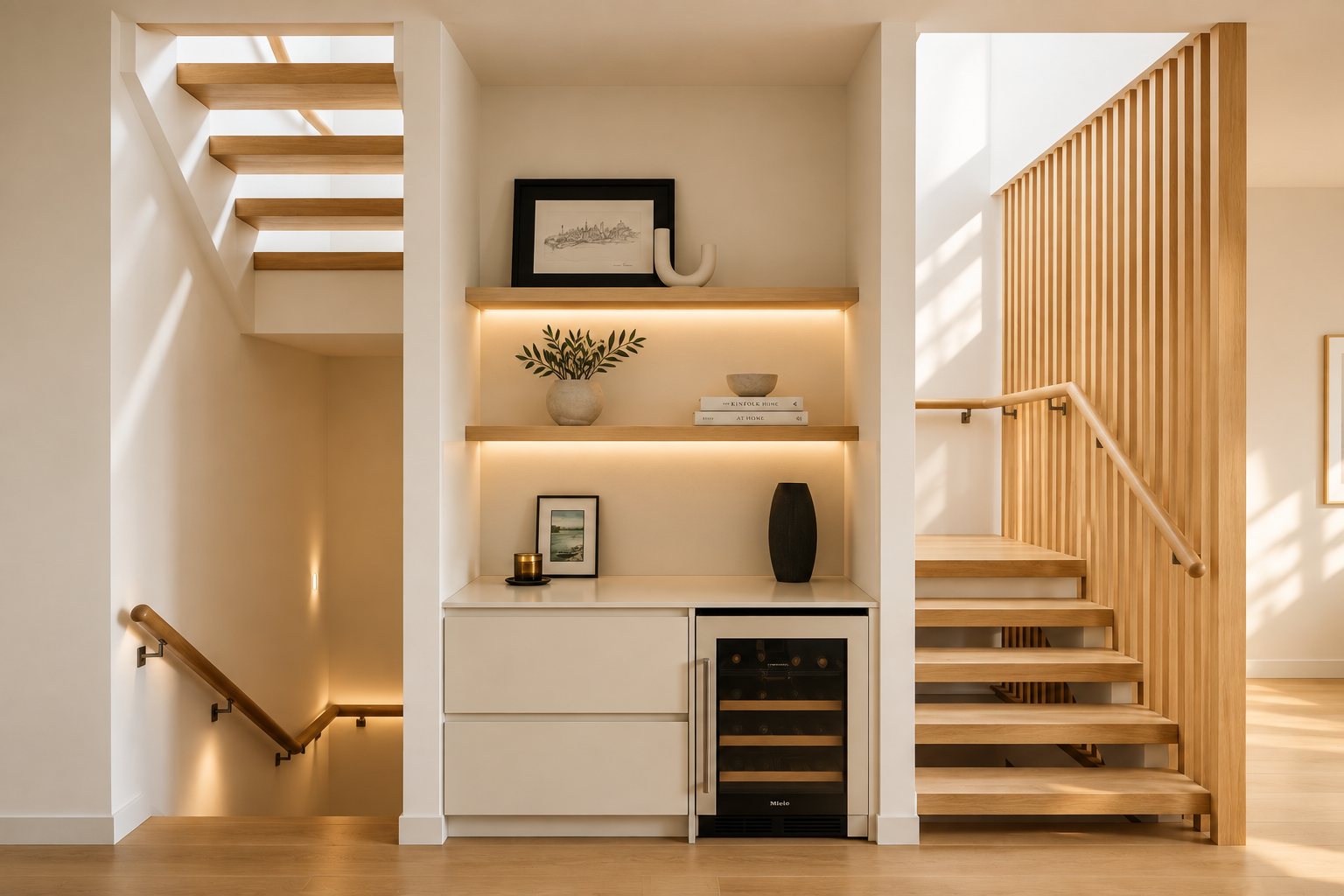 Open-tread staircase with built-in bar nook and display shelving