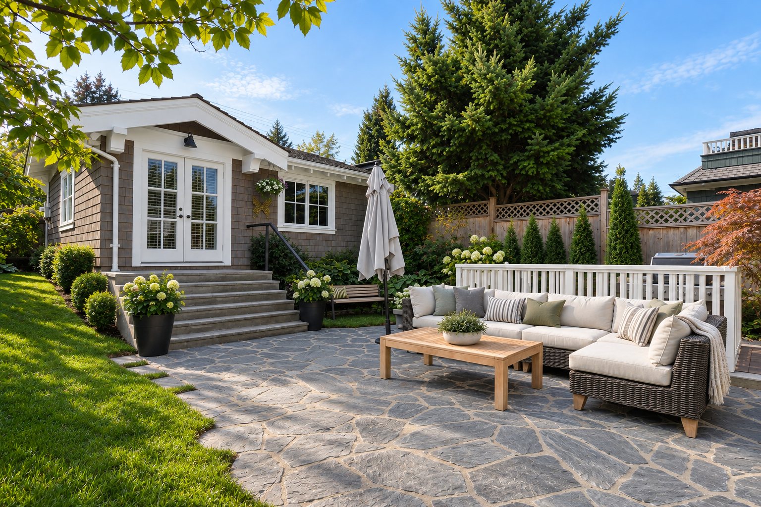 Rear flagstone patio and walkways with garden and detached structure