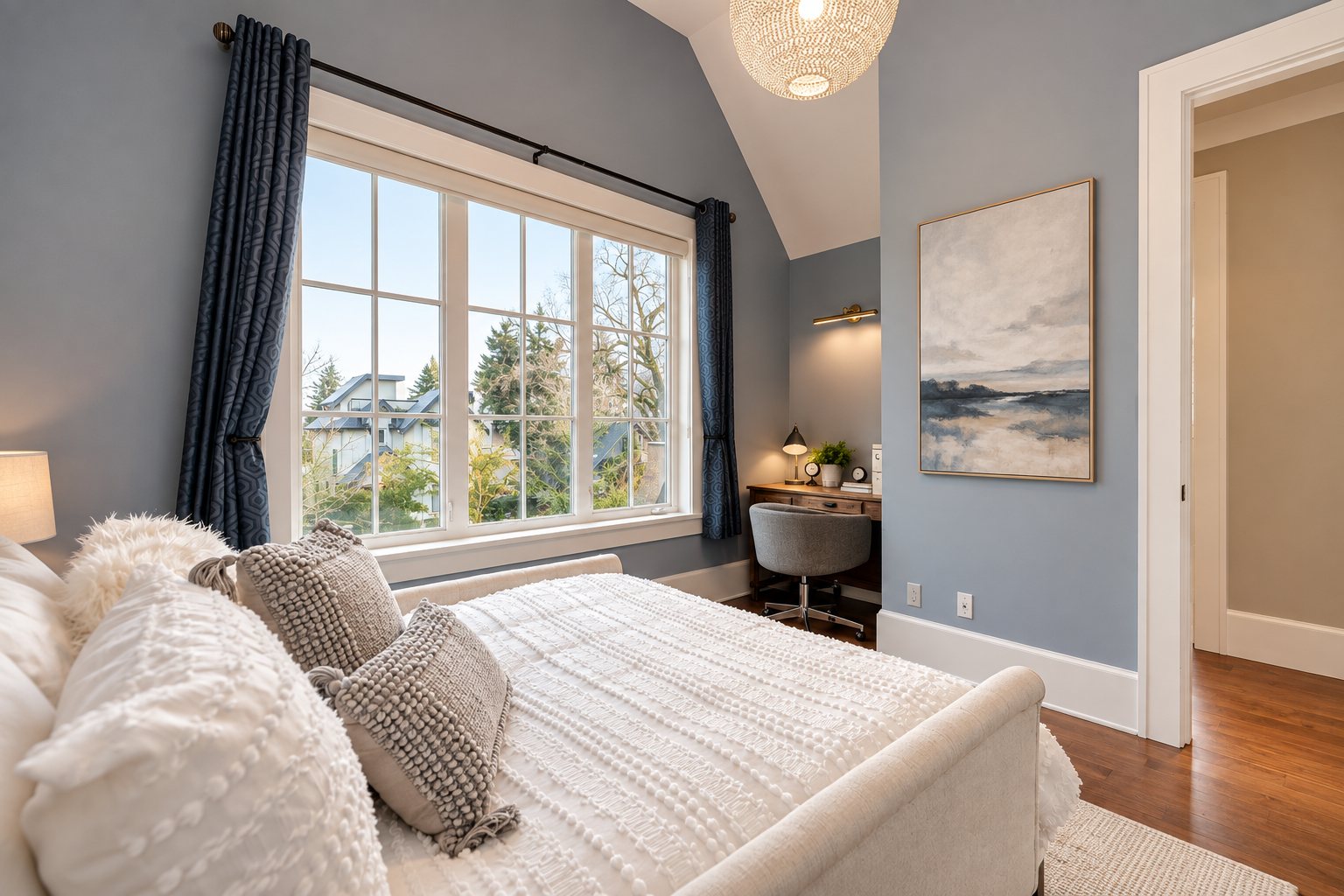 Bedroom with vaulted ceiling, desk nook and garden outlook