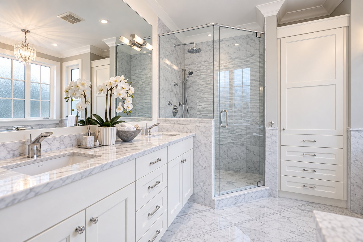 Primary ensuite with Carrara marble tile and countertops, double vanity and glass shower