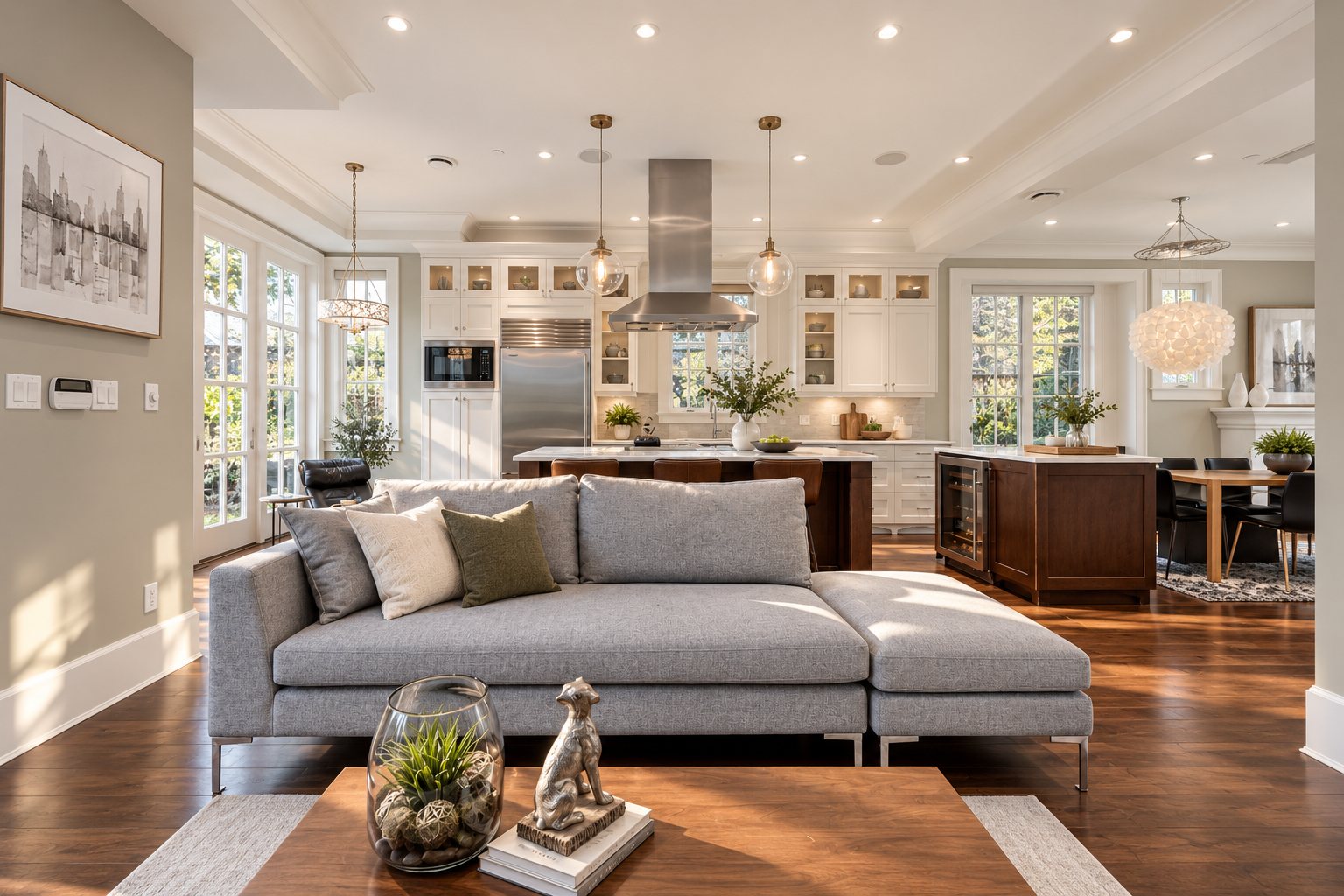 Open kitchen and living area with island seating and coffered ceiling