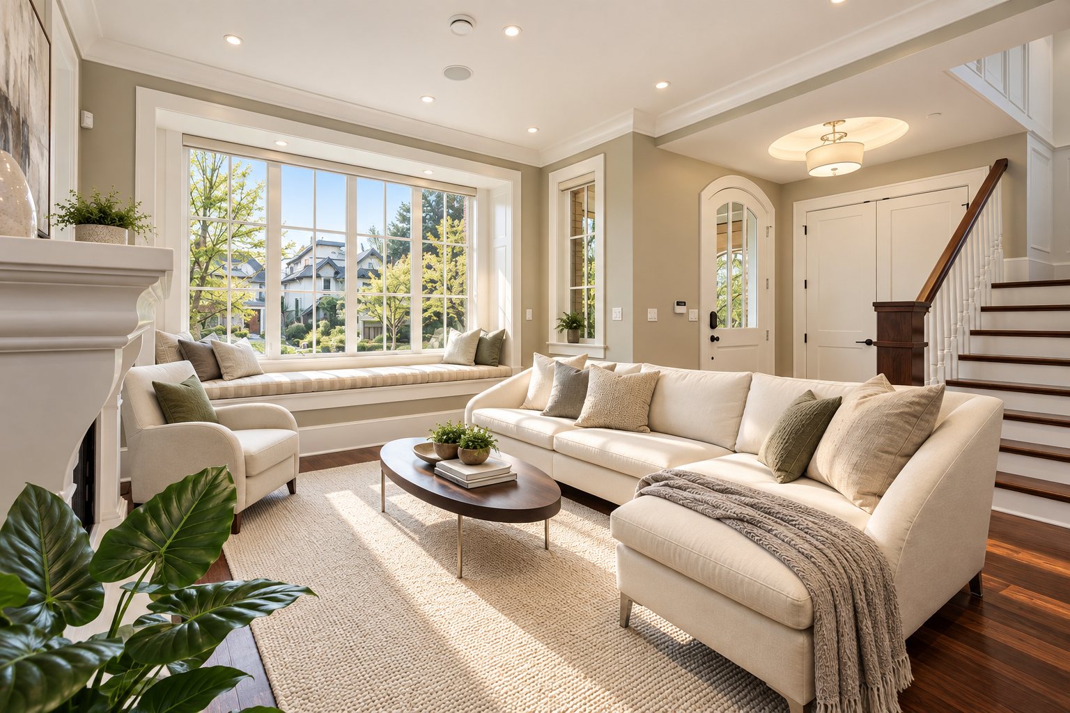 Living room with cast stone fireplace, window seat and entry beyond