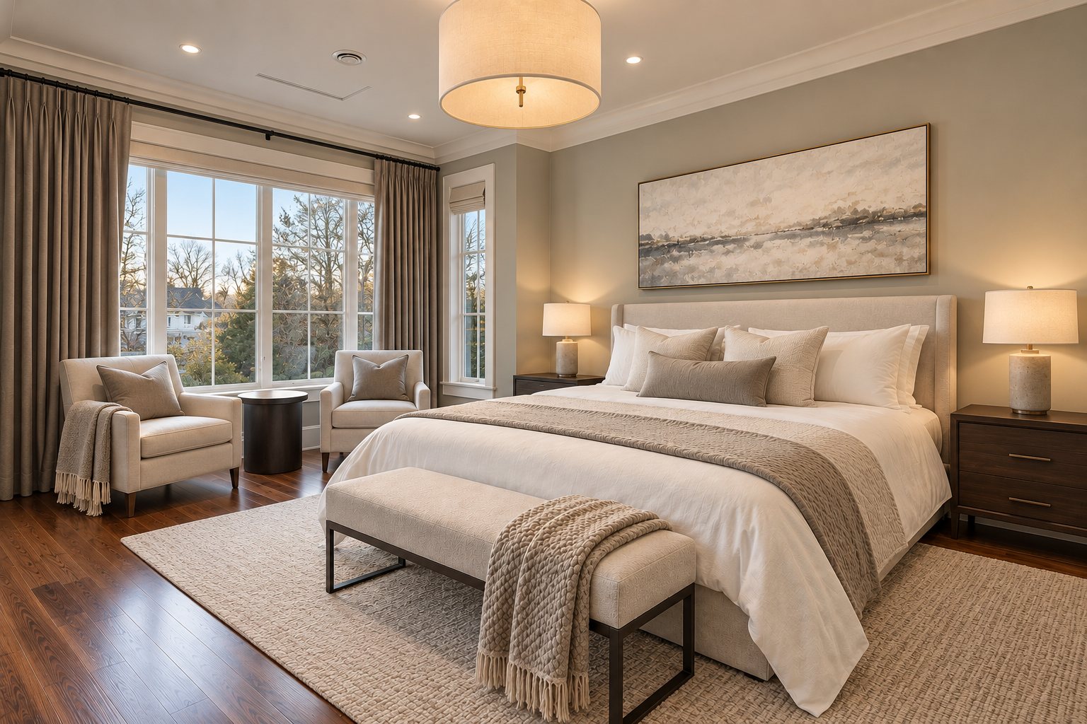 Primary bedroom with upholstered bed and sitting area