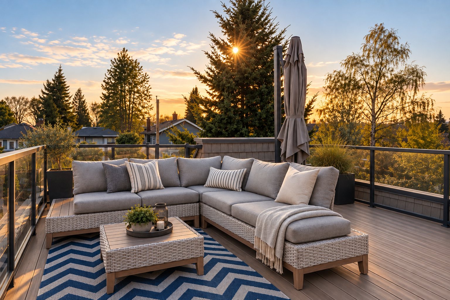Rooftop deck seating at sunset