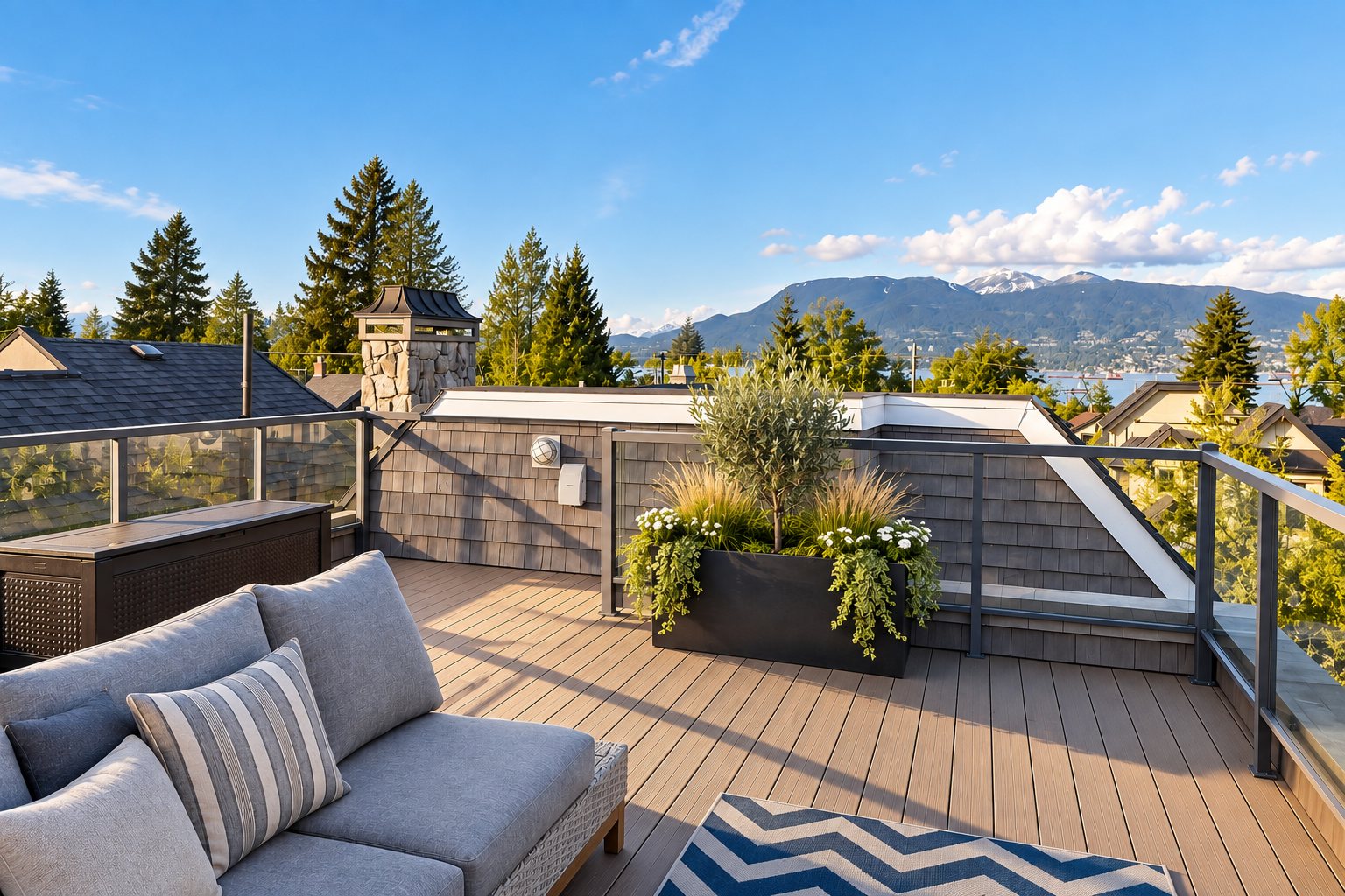 Rooftop deck with mountain and water views